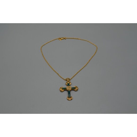 Ciro Thailand Gold Tone Cross Pendant Necklace w/ Green Inlay 19" Chain - Picture 2 of 9